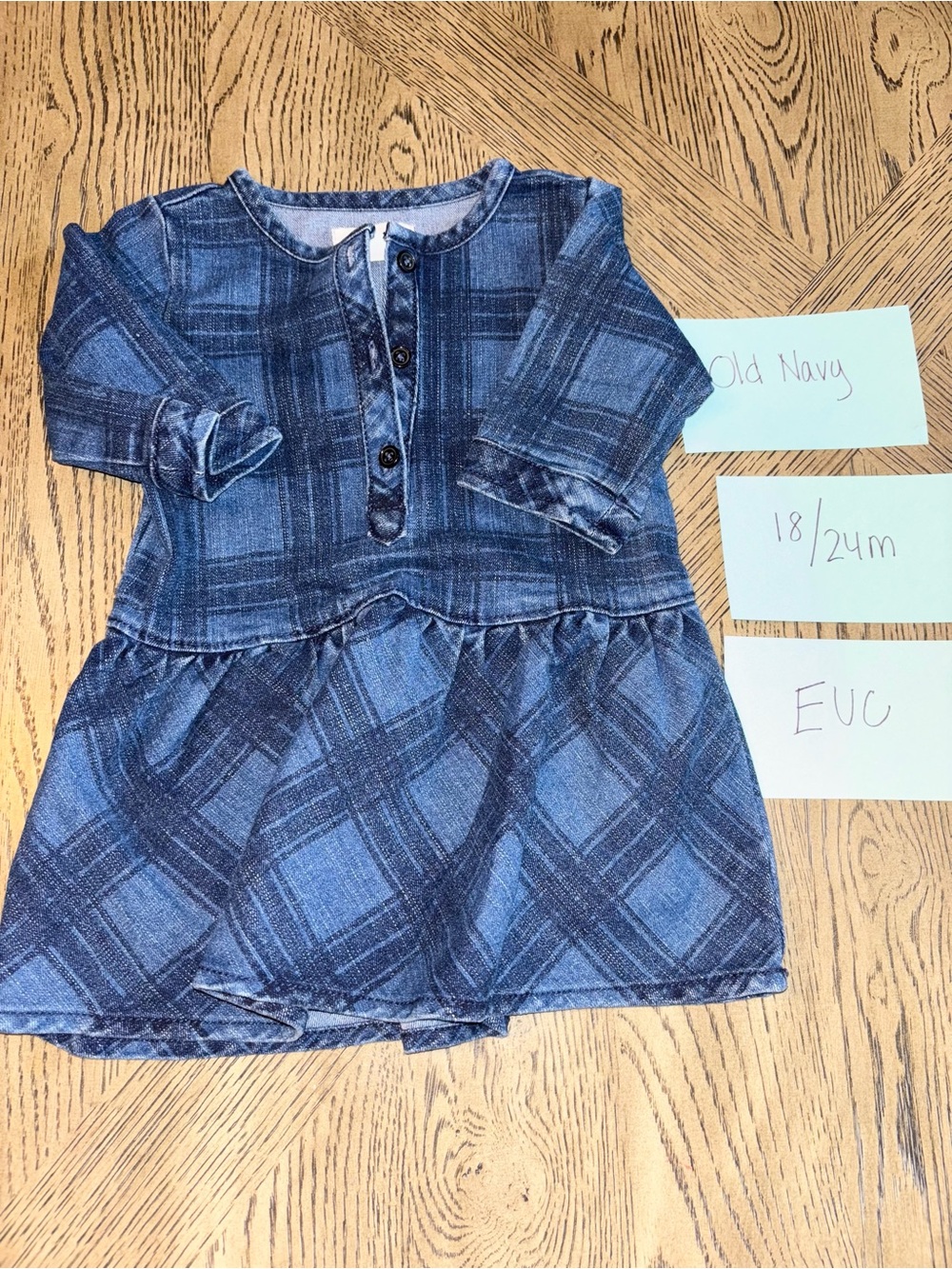 Old Navy Blue Plaid Henley style denim Kids Dress